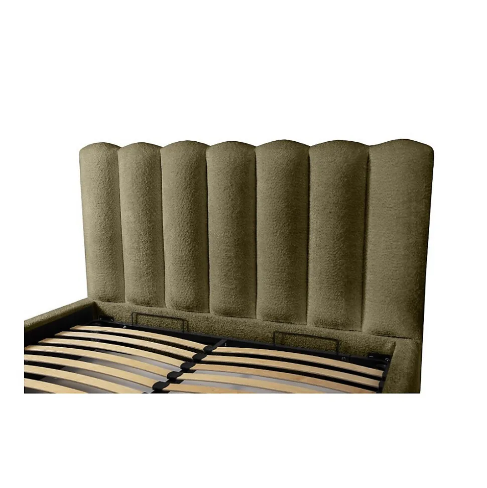 Lit coffre BADJA Tissu bouclé Sauge sèchée 160x200 cm Sommier relevable Design haut de gamme