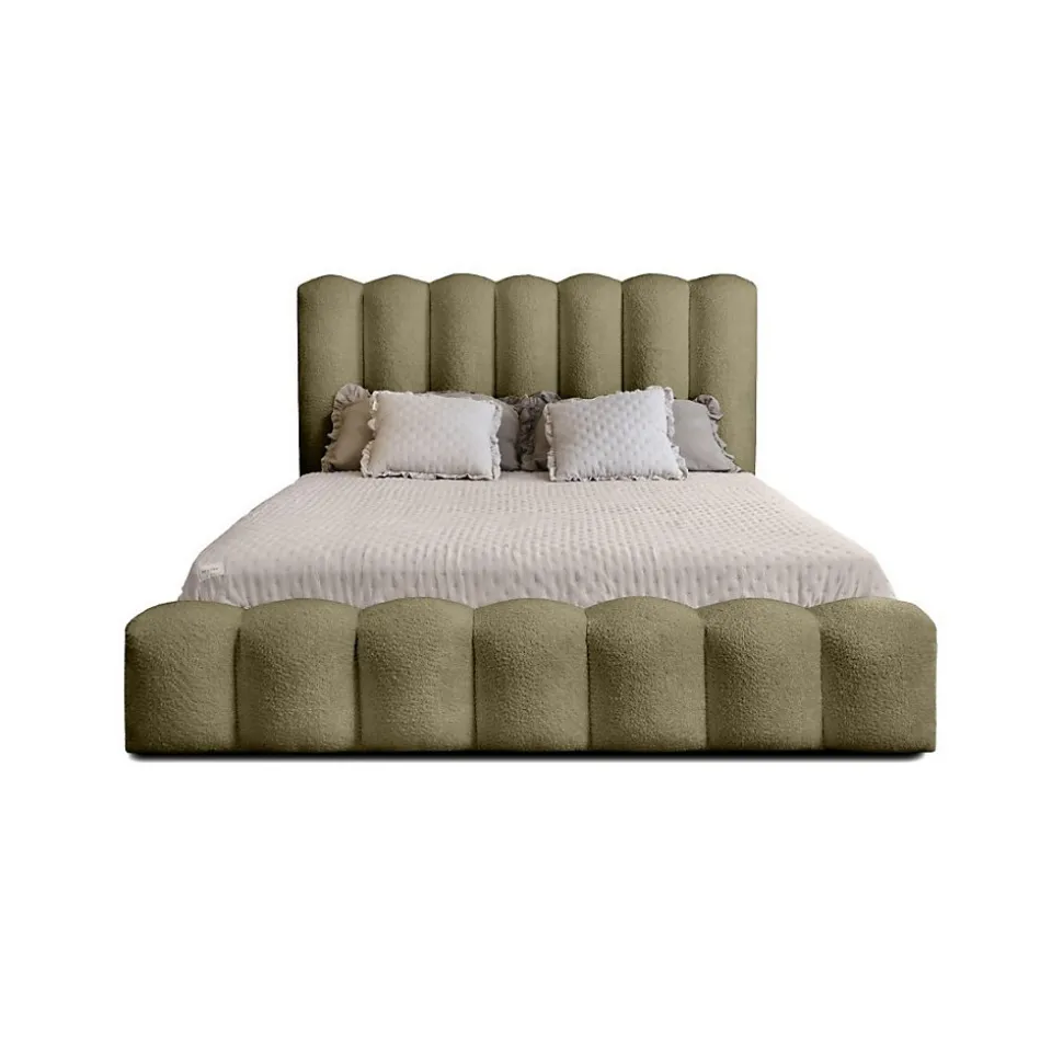 Lit coffre BADJA Tissu bouclé Sauge sèchée 160x200 cm Sommier relevable Design haut de gamme