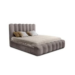 Lit coffre BADJA Tissu bouclé Taupe cendré 140x200 cm Sommier relevable Design haut de gamme