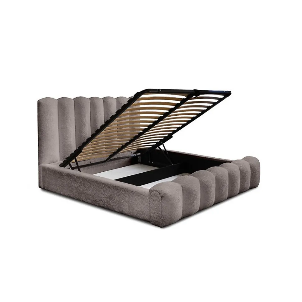 Lit coffre BADJA Tissu bouclé Taupe cendré 140x200 cm Sommier relevable Design haut de gamme