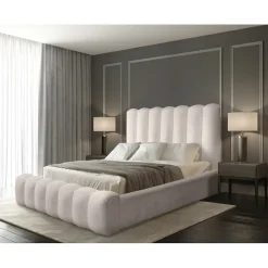 Lit coffre BADJA Tissu bouclé Ivoire rosé 140x200 cm Sommier relevable Design haut de gamme