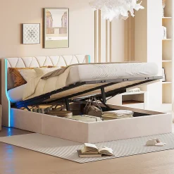 Lit Coffre beige 160x200 cm, Lit Double avec Rangement, Lits pour Adulte Coffre,avec LED Tete de lit Tissu Velours