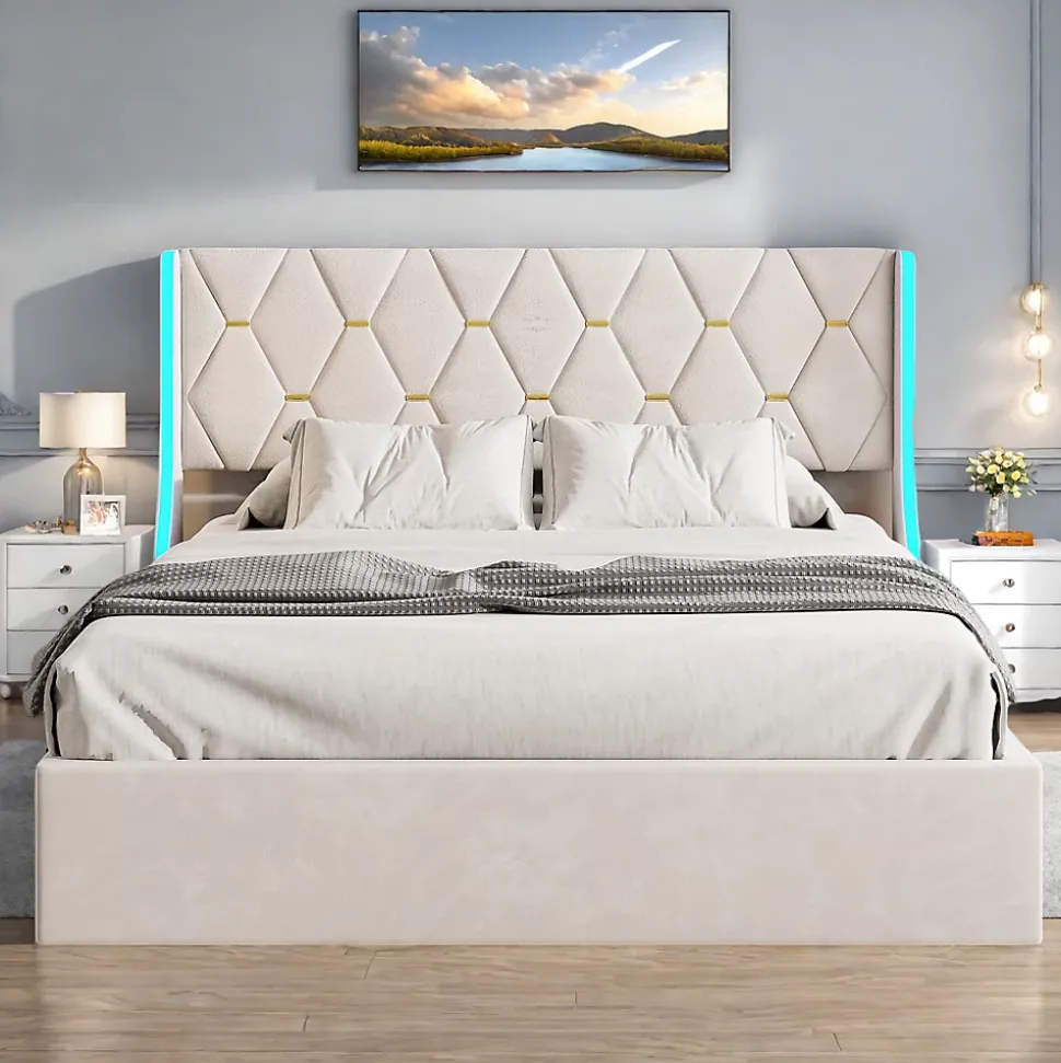 Lit Coffre beige 160x200 cm, Lit Double avec Rangement, Lits pour Adulte Coffre,avec LED Tete de lit Tissu Velours