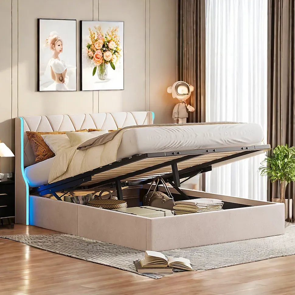 Lit Coffre beige 160x200 cm, Lit Double avec Rangement, Lits pour Adulte Coffre,avec LED Tete de lit Tissu Velours