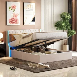 Lit Coffre beige 140x190 cm, Lit Double avec Rangement, Lits pour Adulte Coffre,avec LED Tete de lit Tissu Velours