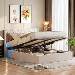 Lit Coffre beige 140x190 cm, Lit Double avec Rangement, Lits pour Adulte Coffre,avec LED Tete de lit Tissu Velours