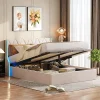Lit Coffre beige 140x190 cm, Lit Double avec Rangement, Lits pour Adulte Coffre,avec LED Tete de lit Tissu Velours