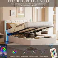 Lit Coffre beige 140x190 cm, Lit Double avec Rangement, Lits pour Adulte Coffre,avec LED Tete de lit Tissu Velours