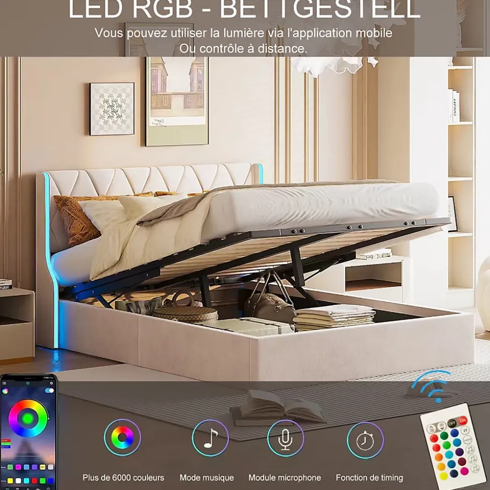 Lit Coffre beige 140x190 cm, Lit Double avec Rangement, Lits pour Adulte Coffre,avec LED Tete de lit Tissu Velours