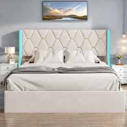 Lit Coffre beige 140x190 cm, Lit Double avec Rangement, Lits pour Adulte Coffre,avec LED Tete de lit Tissu Velours