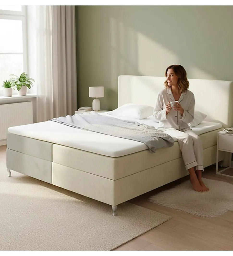 Lit Coffre Bicolore 160x200 cm Velours Alcantara beige et sable avec Matelas et Rangement Integre