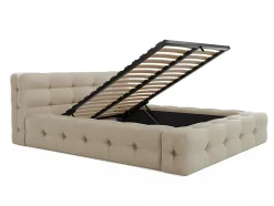 Lit coffre capitonné 140 x 190 cm - Tissu chiné - Beige + Matelas - LERUCO