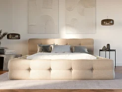Lit coffre capitonné 140 x 190 cm - Tissu chiné - Beige + Matelas - LERUCO