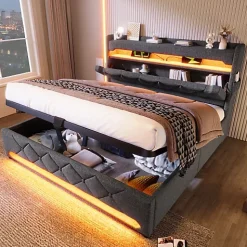 Lit coffre capitonné 160x200cm avec LED et Ports de charge USB - tissu en Lin - tête de lit avec espace de rangement - Gris