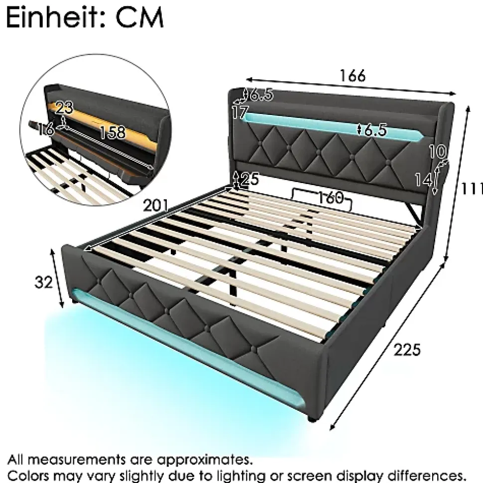 Lit coffre capitonné 160x200cm avec LED et Ports de charge USB - tissu en Lin - tête de lit avec espace de rangement - Gris