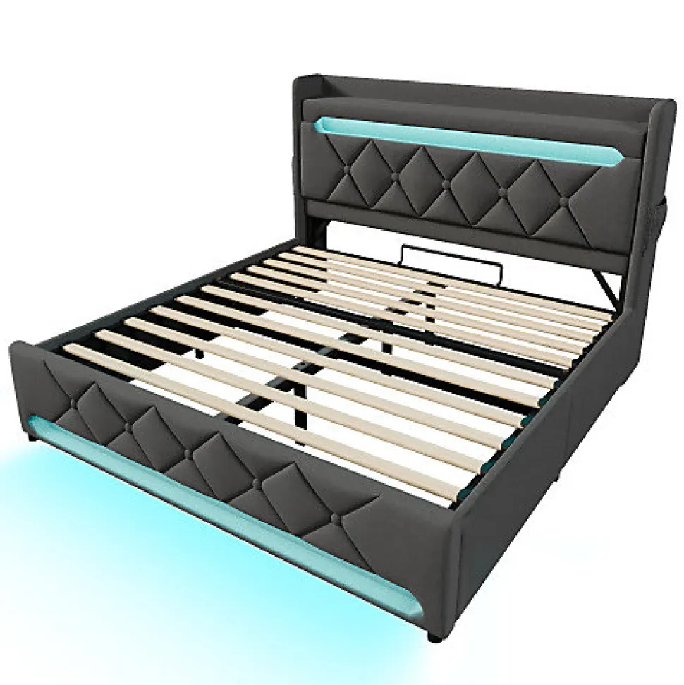 Lit coffre capitonné 160x200cm avec LED et Ports de charge USB - tissu en Lin - tête de lit avec espace de rangement - Gris