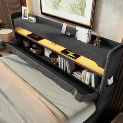 Lit coffre capitonné 160x200cm avec LED et Ports de charge USB - tissu en Lin - tête de lit avec espace de rangement - Gris