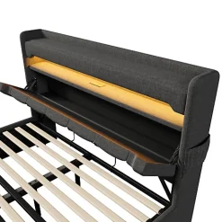 Lit coffre capitonné 160x200cm avec LED et Ports de charge USB - tissu en Lin - tête de lit avec espace de rangement - Gris