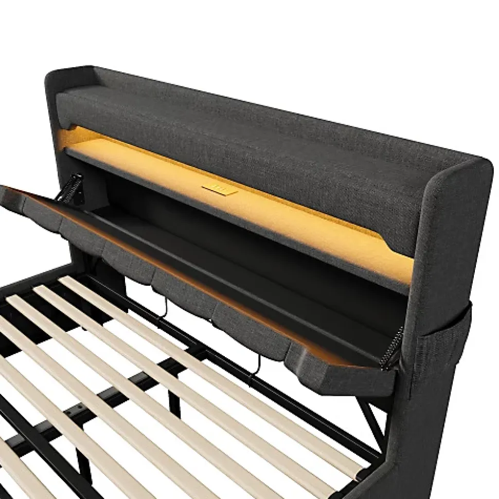Lit coffre capitonné 160x200cm avec LED et Ports de charge USB - tissu en Lin - tête de lit avec espace de rangement - Gris