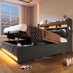 Lit coffre capitonné 160x200cm avec LED et Ports de charge USB - tissu en Lin - tête de lit avec espace de rangement - Gris