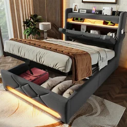 Lit coffre capitonné 90x200cm avec LED et ports de charge USB - tissu en Lin - tête de lit avec espace de rangement - Gris