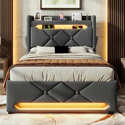 Lit coffre capitonné 90x200cm avec LED et ports de charge USB - tissu en Lin - tête de lit avec espace de rangement - Gris