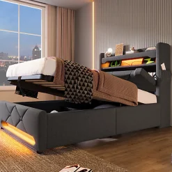 Lit coffre capitonné 90x200cm avec LED et ports de charge USB - tissu en Lin - tête de lit avec espace de rangement - Gris