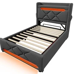 Lit coffre capitonné 90x200cm avec LED et ports de charge USB - tissu en Lin - tête de lit avec espace de rangement - Gris