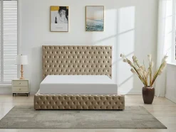 Lit coffre chesterfield 160 x 200 cm - Velours - Taupe + Matelas - DULENI