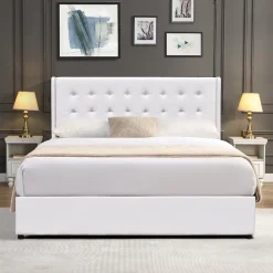 Lit coffre dehoussable blanc 120x190 cm - avec tete de lit capitonnee - 12 lattes - - entretien facile - lit de rangement