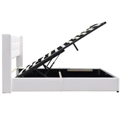 Lit coffre dehoussable blanc 120x190 cm - avec tete de lit capitonnee - 12 lattes - - entretien facile - lit de rangement