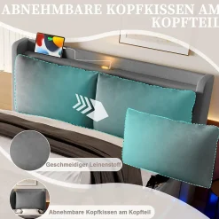 Lit Coffre Double Adulte160x200 cm - Lit Capitonné Lin avec Rangement, LED, USB-C - Moderne avec Coussins Amovibles, Gris Foncé