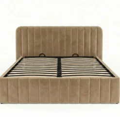 Lit coffre double ALBA avec tête de lit et sommier 140 x 190 cm velours taupe