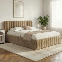 Lit coffre double ALBA avec tête de lit et sommier 140 x 190 cm velours taupe