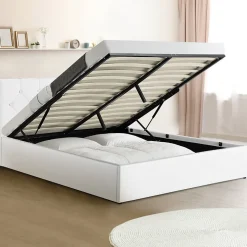 Lit coffre double AUSTIN avec tête de lit et sommier 140 x 190 cm PVC blanc