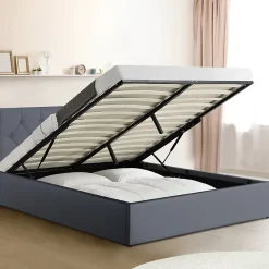 Lit coffre double AUSTIN avec tête de lit et sommier 160 x 200 cm PVC gris