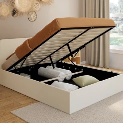 Lit coffre double BRADFORD avec tête de lit et sommier 140 x 190 cm tissu bouclette