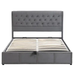 Lit Coffre Double Capitonné 180x200 cm, Vérin Hydraulique et Grand Espace de Rangement, Sommier Relevable - Gris, Sans Matelas