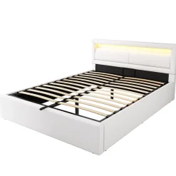 Lit Coffre Double Capitonnée 140x190 cm , avec LED, Éclairage Réglable, Rangement Sous Le Lit, PU et Bois Blanc, Sans Matelas