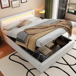 Lit Coffre Double Capitonnée 140x190 cm , avec LED, Éclairage Réglable, Rangement Sous Le Lit, PU et Bois Blanc, Sans Matelas