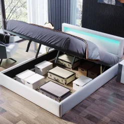 Lit Coffre Double Capitonnée 140x190 cm , avec LED, Éclairage Réglable, Rangement Sous Le Lit, PU et Bois Blanc, Sans Matelas