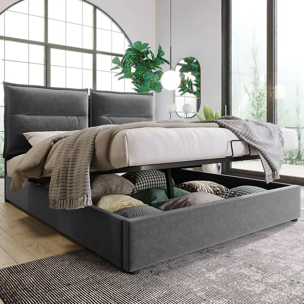 Lit Coffre Double Capitonné 140x200 cm - avec Coffre Hydraulique et Tête de Lit Ajustable, Velours Gris, Matelas Inclus