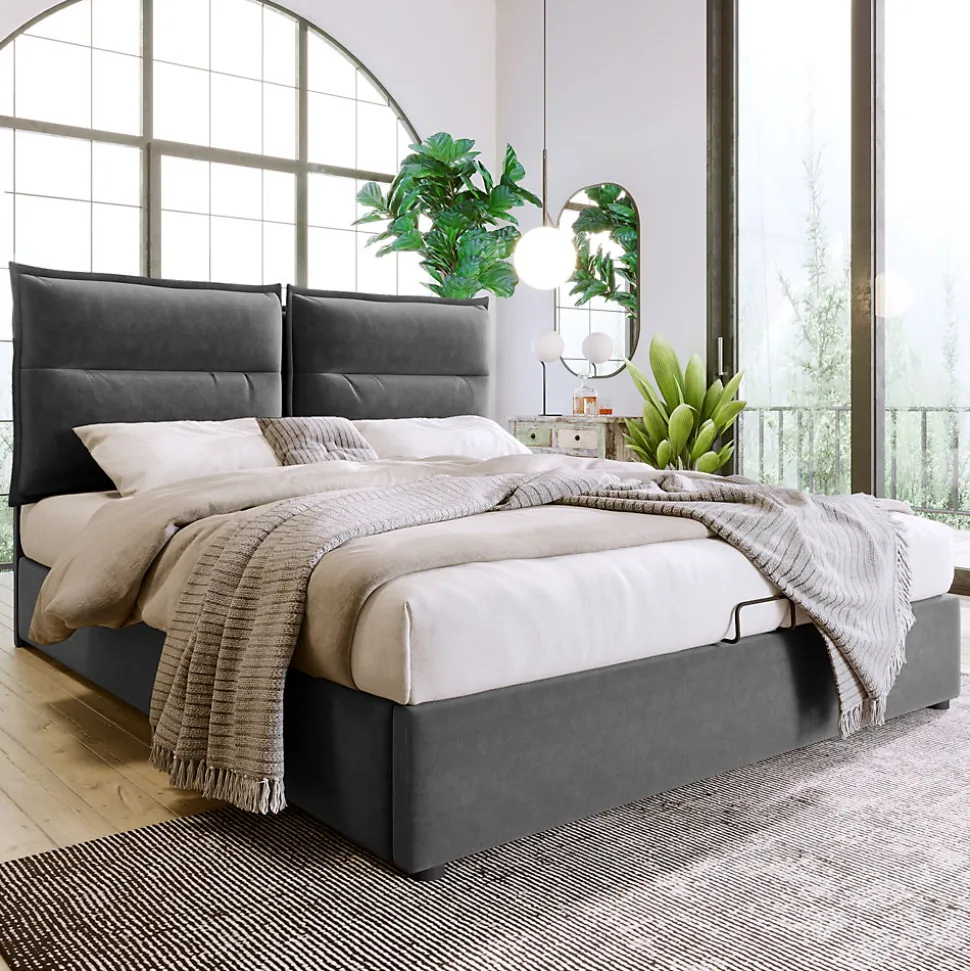 Lit Coffre Double Capitonné 140x200 cm - avec Coffre Hydraulique et Tête de Lit Ajustable, Velours Gris, Matelas Inclus