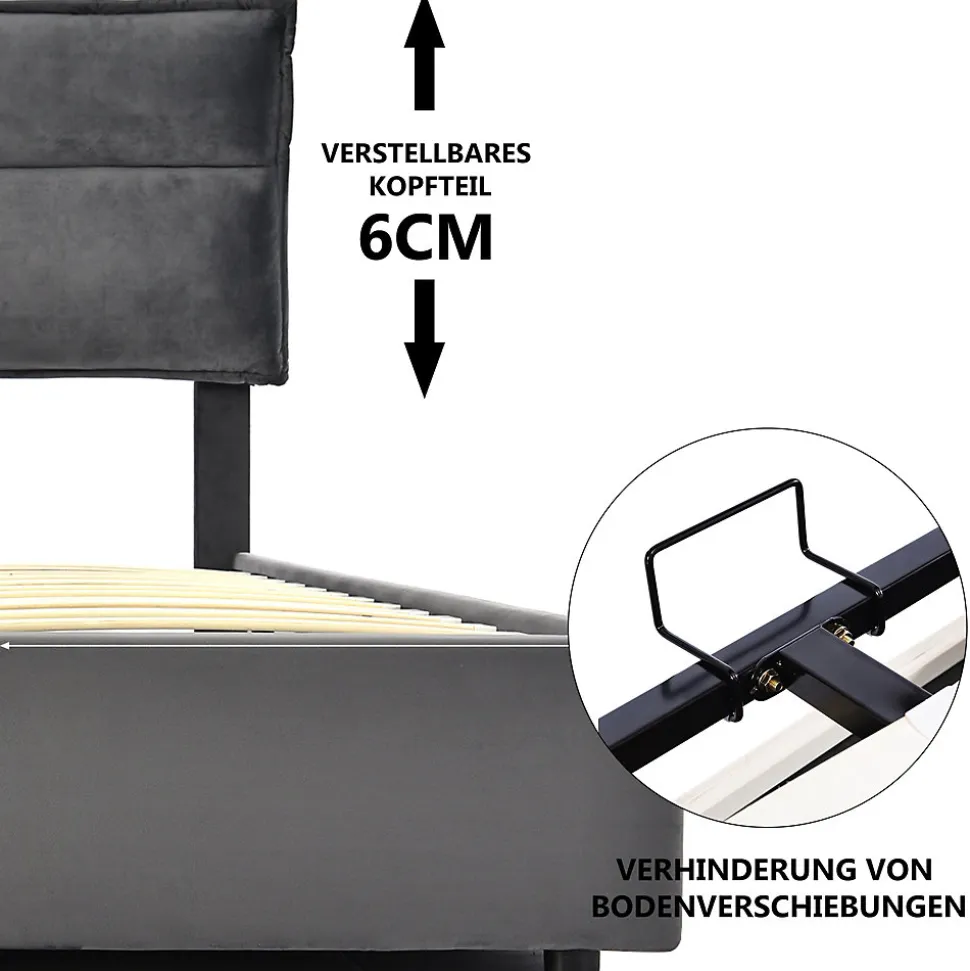 Lit Coffre Double Capitonné 140x200 cm - avec Coffre Hydraulique et Tête de Lit Ajustable, Velours Gris, Matelas Inclus