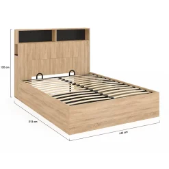 Lit coffre double CLYDE avec tête de lit + rangements et sommier 140 x 190 cm façon hêtre et noir