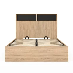 Lit coffre double CLYDE avec tête de lit + rangements et sommier 140 x 190 cm façon hêtre et noir