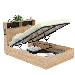 Lit coffre double CLYDE avec tête de lit + rangements et sommier 140 x 190 cm façon hêtre et noir