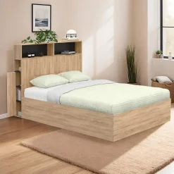 Lit coffre double CLYDE avec tête de lit + rangements et sommier 140 x 190 cm façon hêtre et noir