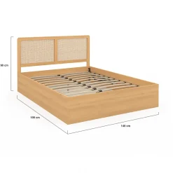 Lit coffre double EDHEN avec tête de lit cannage et sommier 140 x 190 cm coloris bois