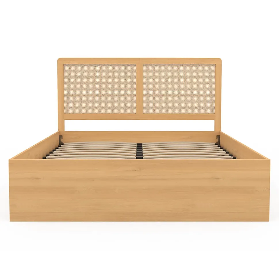 Lit coffre double EDHEN avec tête de lit cannage et sommier 140 x 190 cm coloris bois